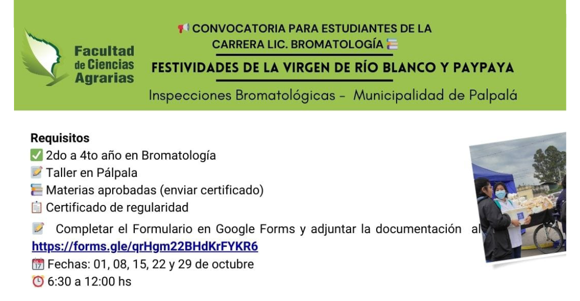 Convocan a estudiantes de Bromatología para colaborar en Festividades de Río Blanco